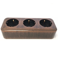 Лофт розетка пластик о/у, з/к, 3-местная, 16А, патина черный под медь (Antique Copper)
